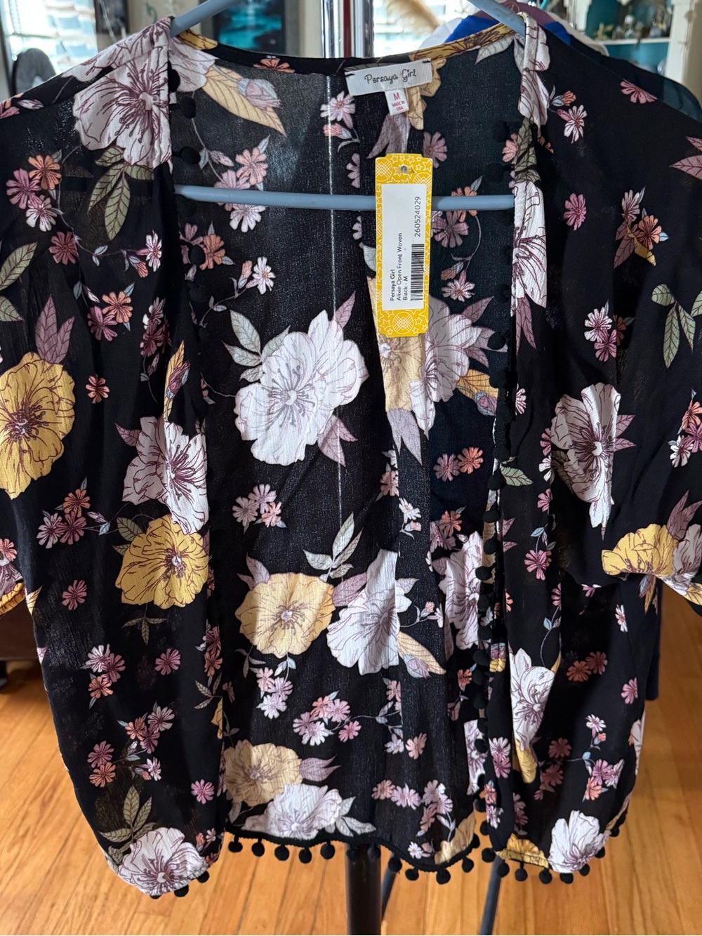 Persaya Black Floral shrug with Yellow and Pink Blooms -stitch fix
